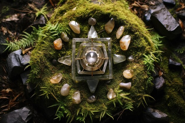 A crystal grid with a central metallic sphere inside a glass cube, surrounded by various quartz stones, set on a mossy surface with small rocks and green plants surrounding it.