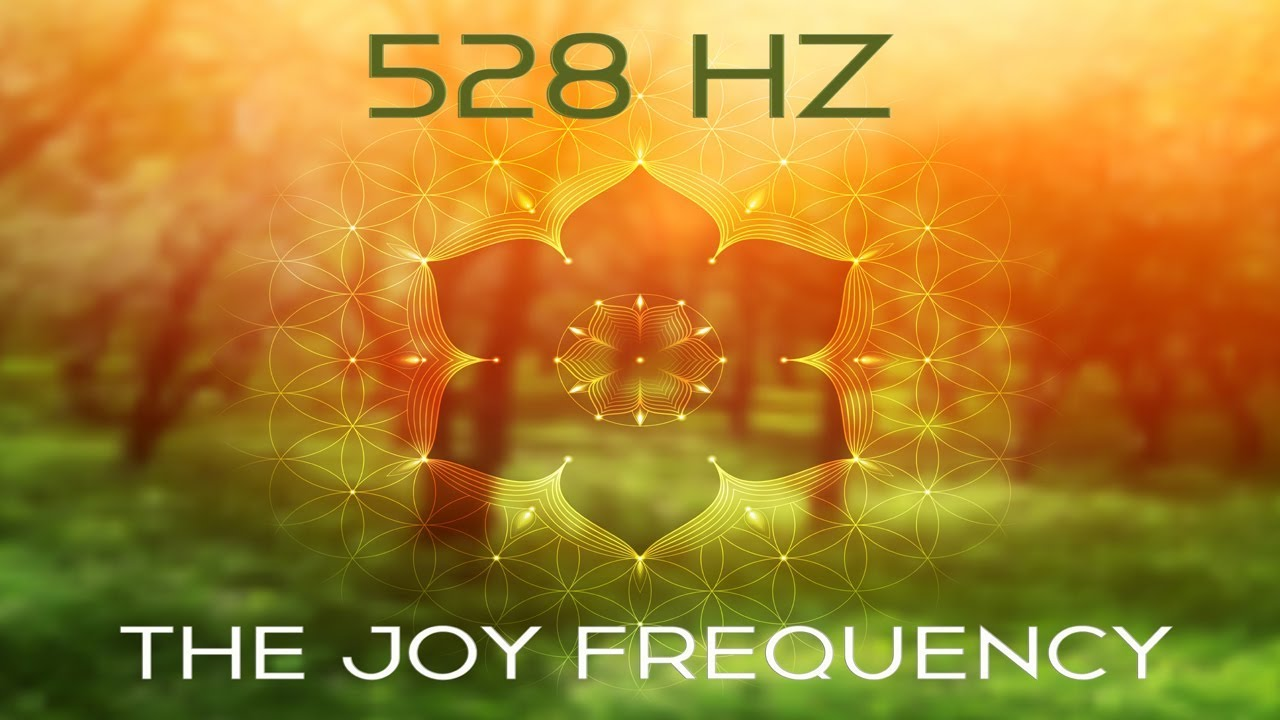 Colorful background with a geometric pattern and the text '528 Hz' at the top and 'The Joy Frequency' at the bottom.