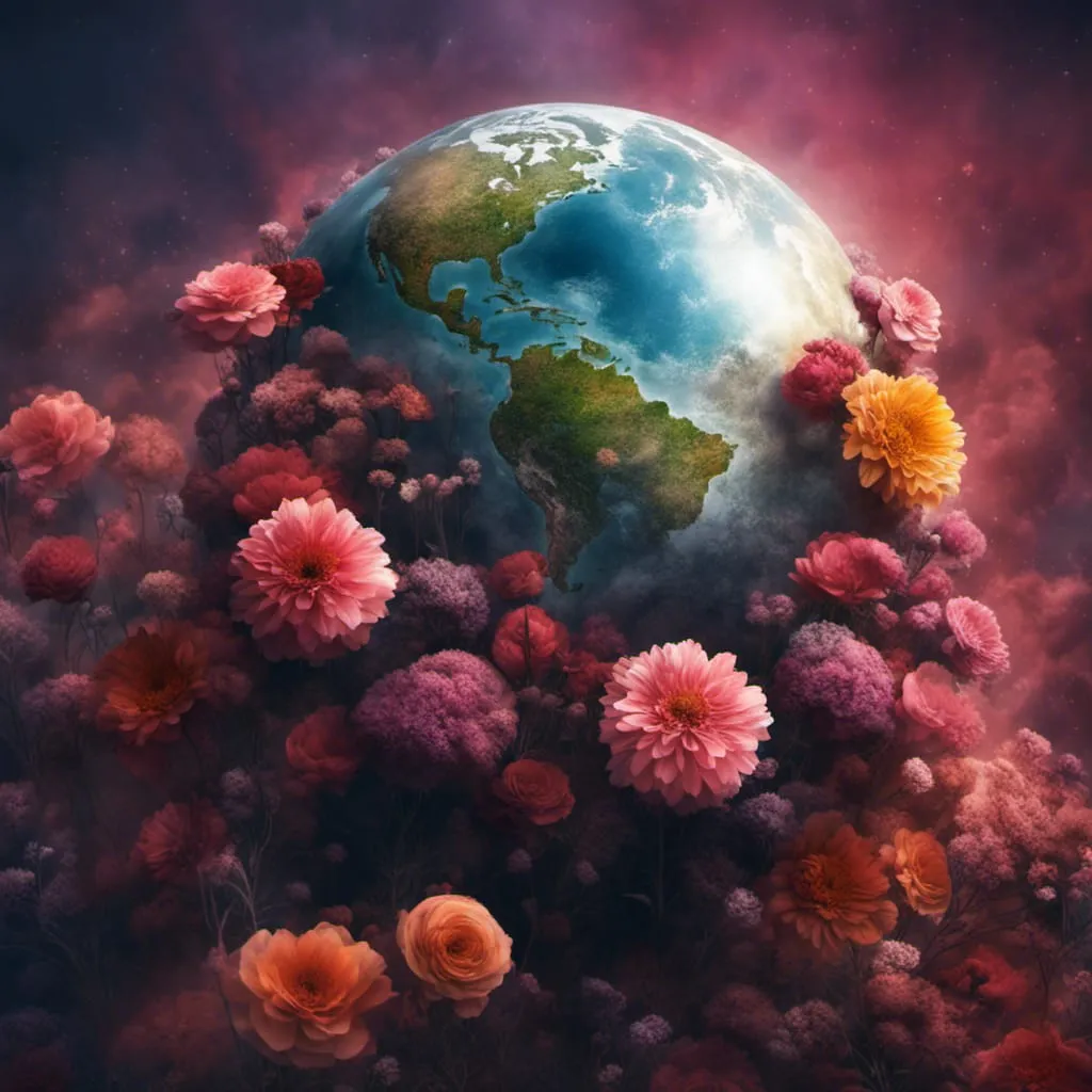 An artistic depiction of Earth surrounded by pink flowers with a dark, cosmic background.