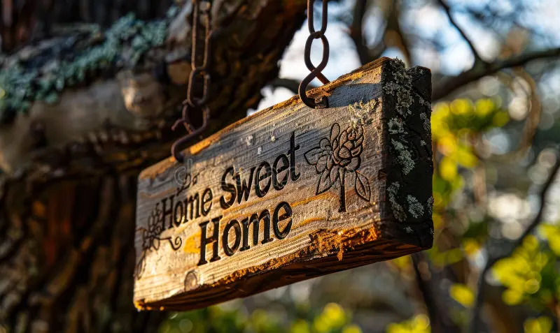 Wooden sign hanging from tree branch with the inscription 'Home Sweet Home' and a bee drawing, outdoor setting.