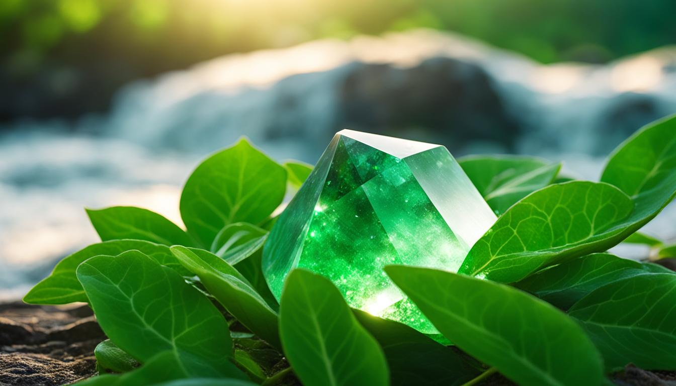 A glowing green crystal placed among green leaves near a flowing river.