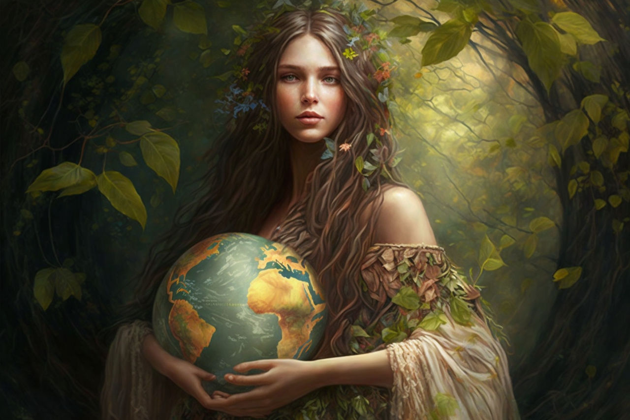 A woman with long brown hair, adorned with leaves and small flowers, holds a globe of the Earth. She is in a forest with green leaves and branches surrounding her, giving a natural and mystical atmosphere.