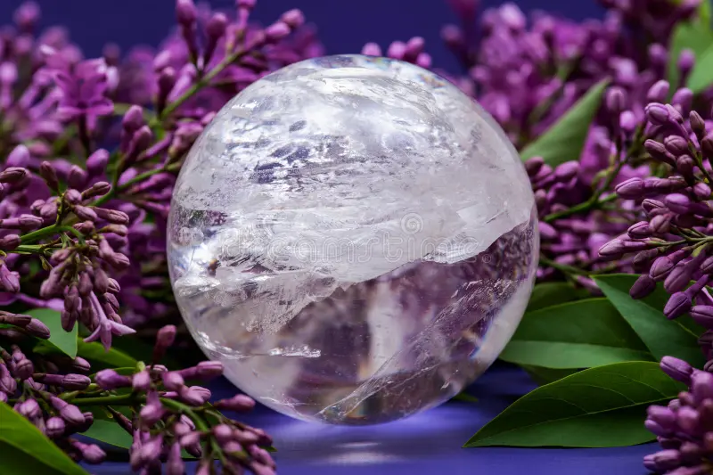 A clear, spherical crystal ball resting on purple lilac flowers with green leaves, against a dark background.