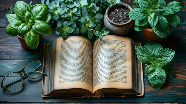Open book on a wooden table surrounded by potted green plants, a pair of glasses, and small containers of seeds and herbs.