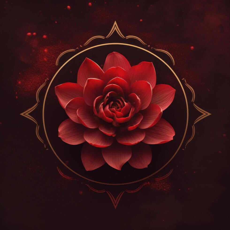 A red lotus flower with layered petals, surrounded by a decorative gold circular design, on a dark red background with specks of red light and splatter effects.