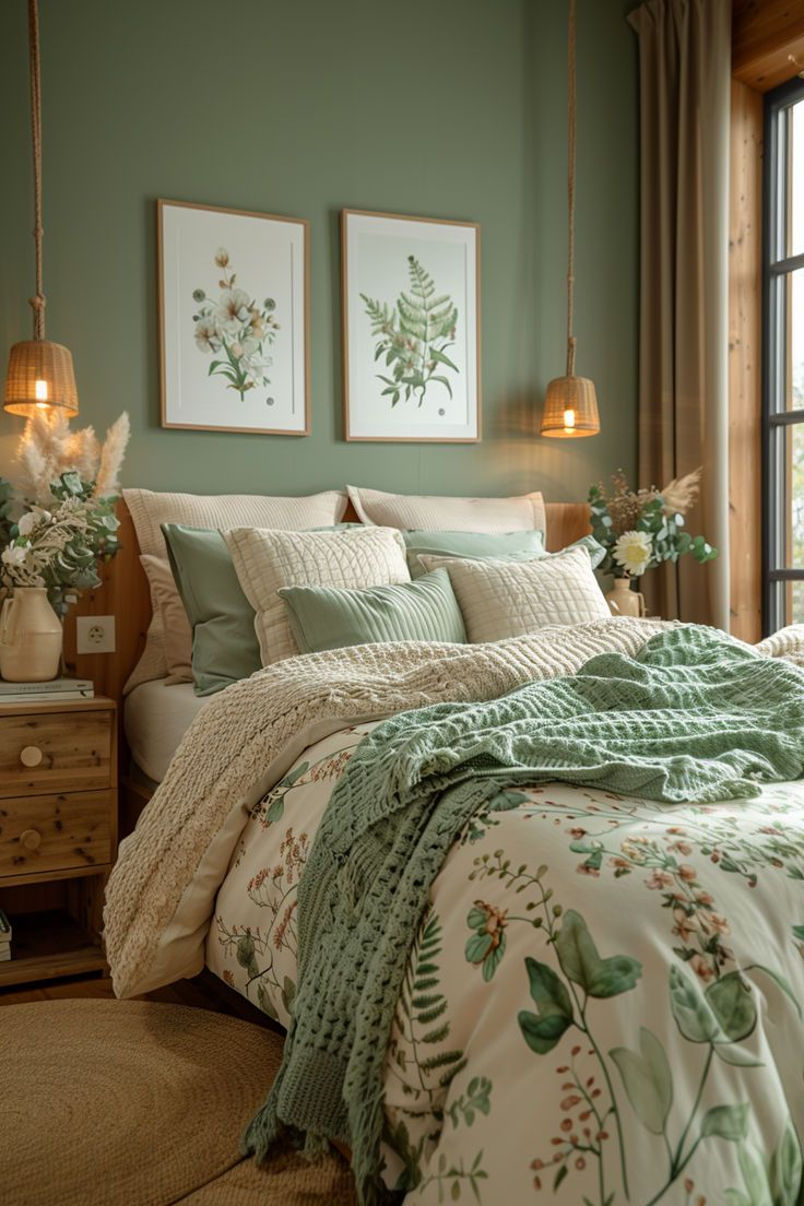 A cozy bedroom with green walls, framed botanical prints, and a bed decorated with green and cream pillows, floral sheets, and textured blankets. Two hanging pendant lights and a window with beige curtains add warmth to the space.