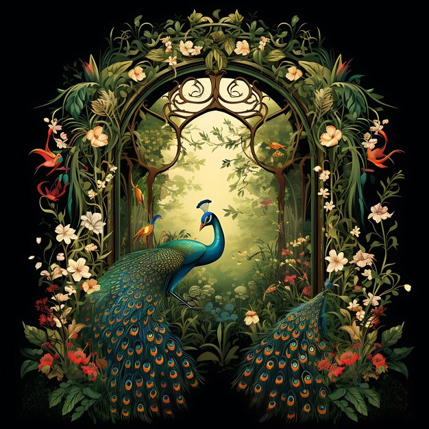 A decorative illustration of a peacock with vibrant blue and green feathers, surrounded by colorful flowers and lush greenery, framing a window view of a misty forest with more foliage and red, orange, and blue birds.