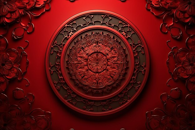 Red background with intricate, circular laser-cut floral and geometric patterns, surrounded by floral motifs.