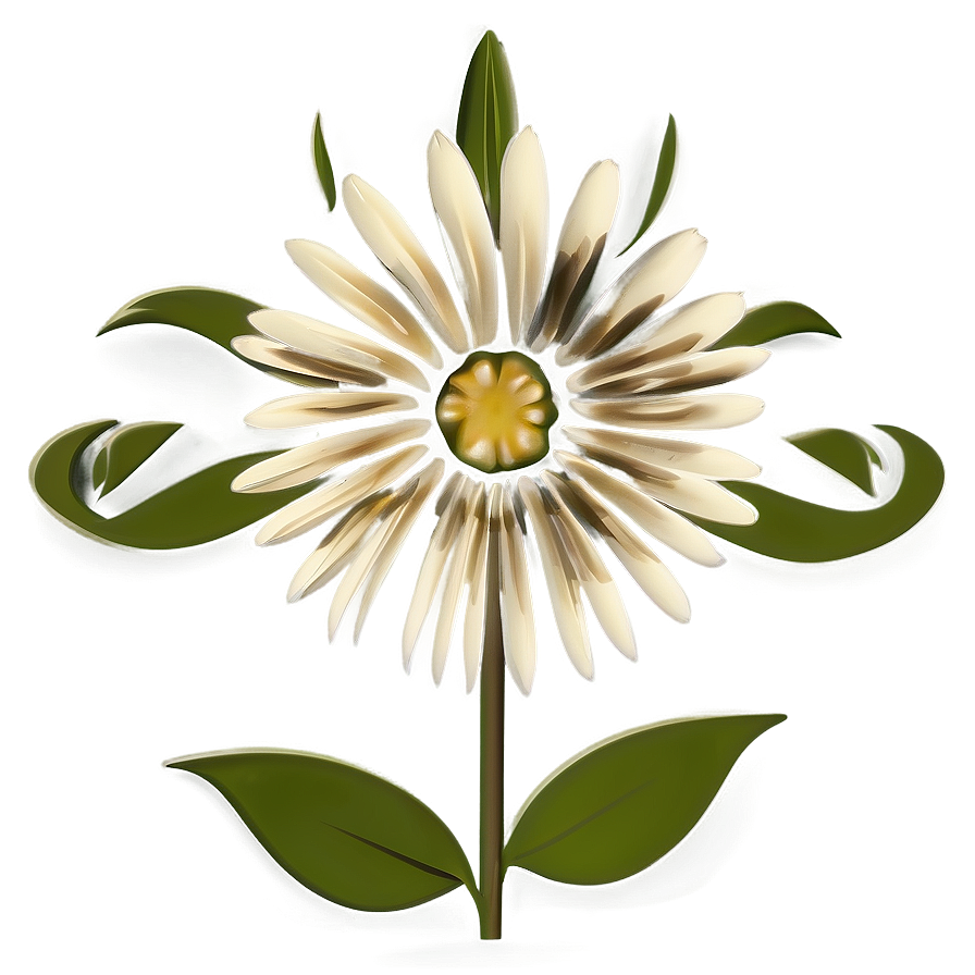 A stylized white flower with a yellow center, large green leaves, and a green stem.