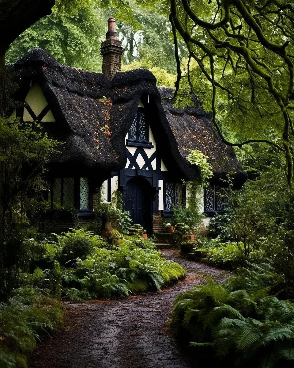 A quaint cottage with a thatched roof surrounded by lush greenery and a winding path leading to the door.