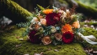 A colorful bouquet of flowers resting on a mossy log outdoors.