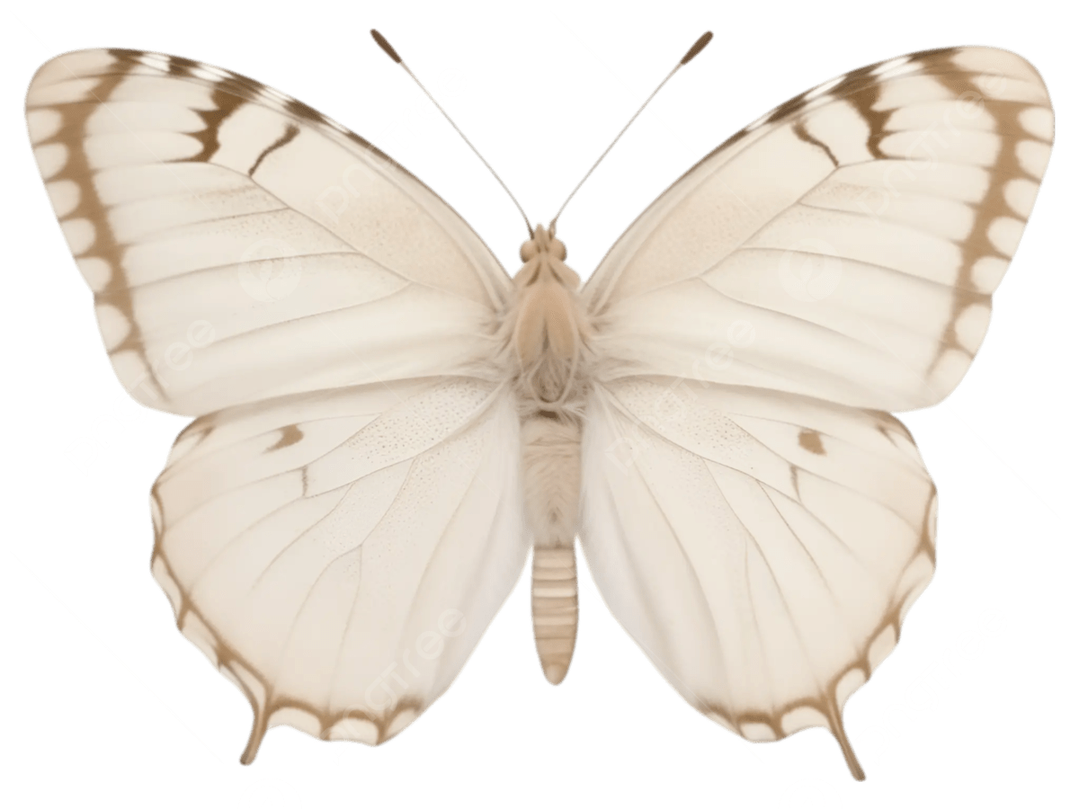 A white butterfly with brown markings on the edges of its wings, with the wings spread open.