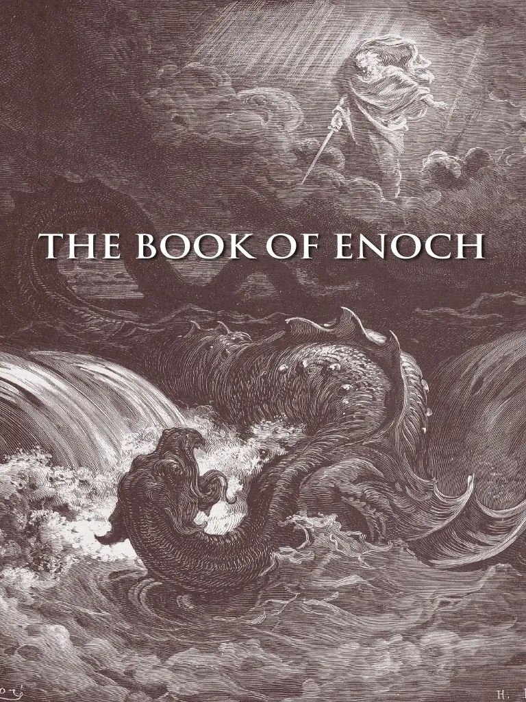 Black and white illustration of a large fish in turbulent water, with a man standing on clouds above, holding a staff, and the title 'The Book of Enoch' written across the image.