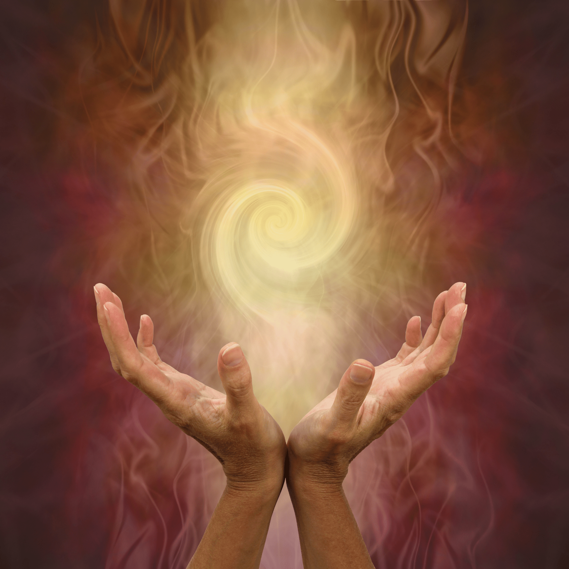 Two hands raised towards a glowing, swirling, golden light and smoke against a reddish-brown background.