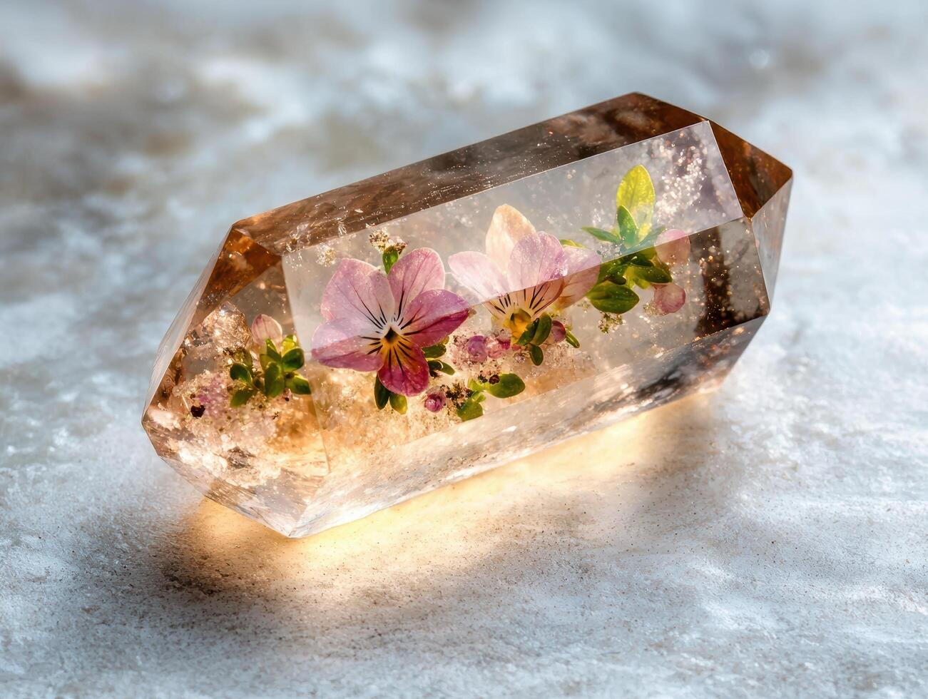 A clear resin or glass block with embedded pink flowers and green leaves, resting on a textured surface.