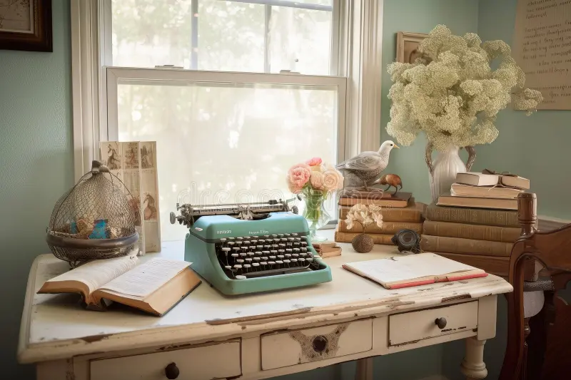 Vintage typewriter on a white distressed desk with books, flowers, bird figurine, and a birdcage near a window with natural light.