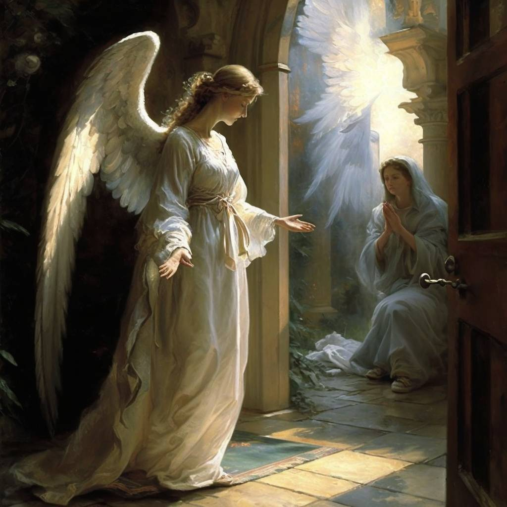 An angel with large white wings and a flowing gown standing in a doorway, reaching out to a woman with clasped hands, inside a warmly lit room with classical architecture.