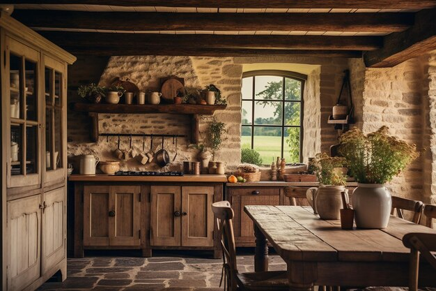 Rustic kitchen with stone walls, wooden cabinets, and a window showing a green landscape outside. There is a wooden dining table with vases and greenery, and open shelves with pots and kitchenware.