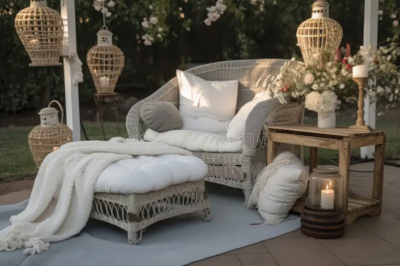 An outdoor seating area with a white wicker loveseat, an ottoman covered with a white blanket, and decorative pillows. There are wicker lanterns hanging and on the ground, along with a wooden side table holding a flower arrangement, a candle, and a lantern. A candle inside a glass jar is also lit on the ground. The setting appears to be in a garden or backyard during the evening.