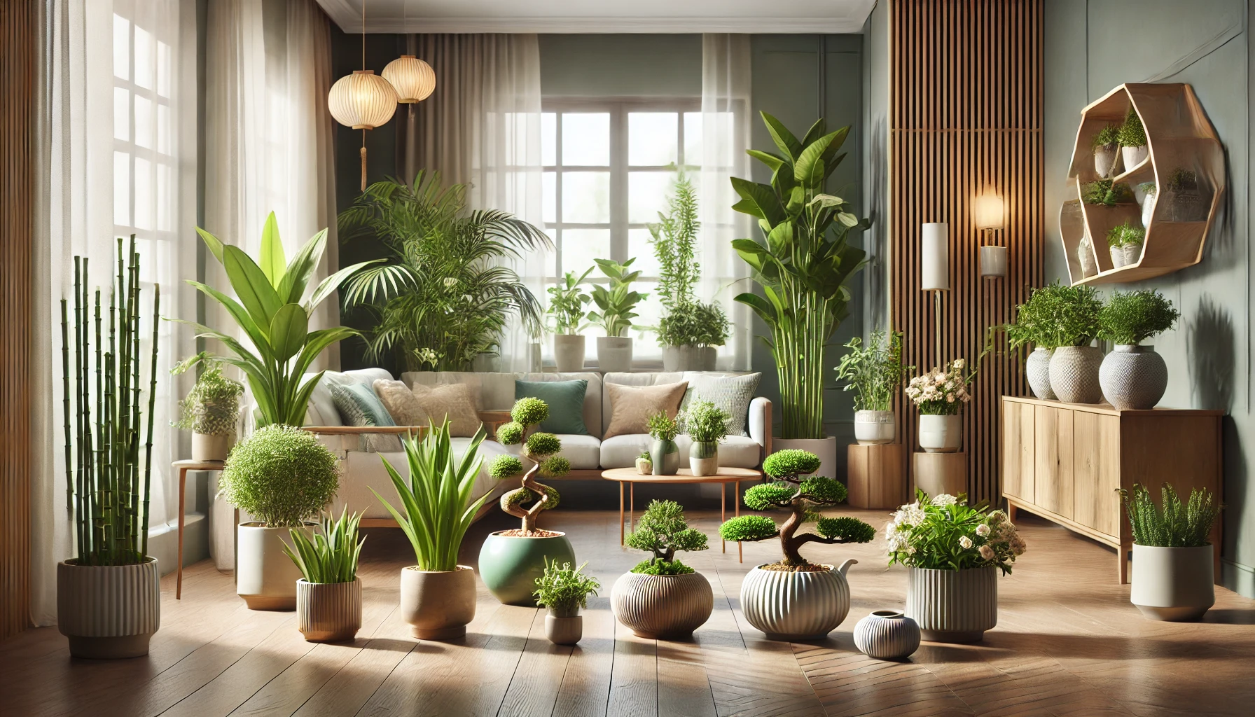 Bright living room with numerous potted green plants and bonsai trees, beige sofa with pillows, wooden furniture, and soft natural light from large windows.