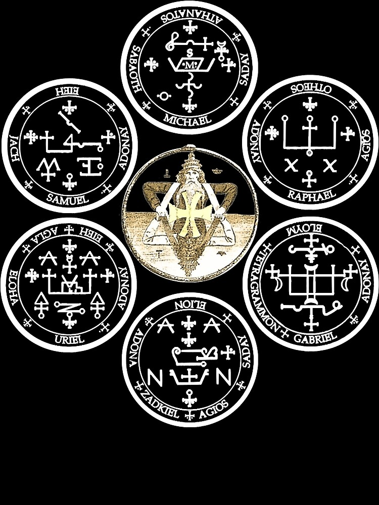 Six circular seals surrounding a pendant with a figure sitting cross-legged, with a triangular symbol behind, on a black background.