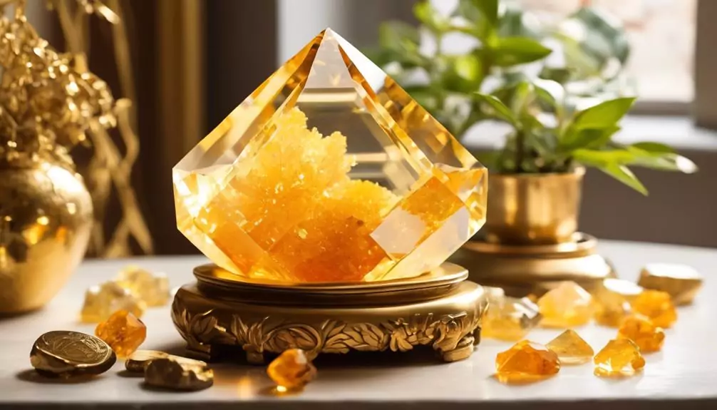 A large, clear, diamond-shaped crystal with yellow mineral deposits inside, placed on an ornate gold stand on a table, surrounded by smaller yellow crystals and gold coins, with decorative gold items and a potted plant in the background.