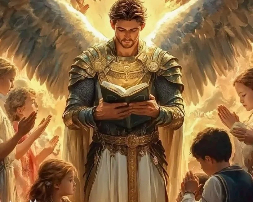 A man dressed as an angel with large wings standing with children in prayerful poses.