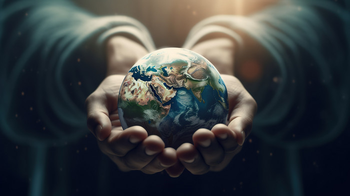 Person holding a small globe, symbolizing Earth, in their hands.