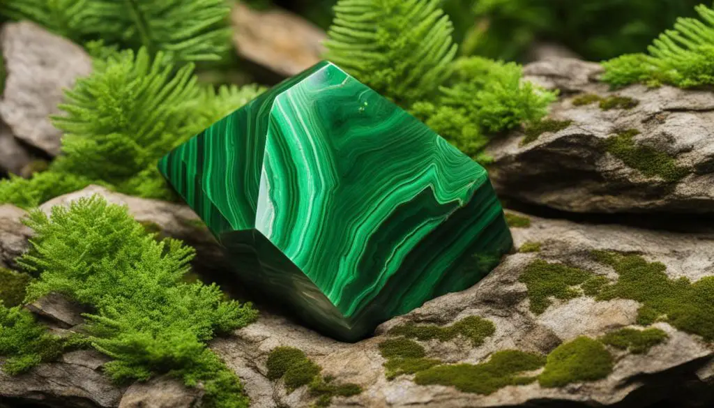 A polished green malachite stone resting on moss and rocks surrounded by small green plants.
