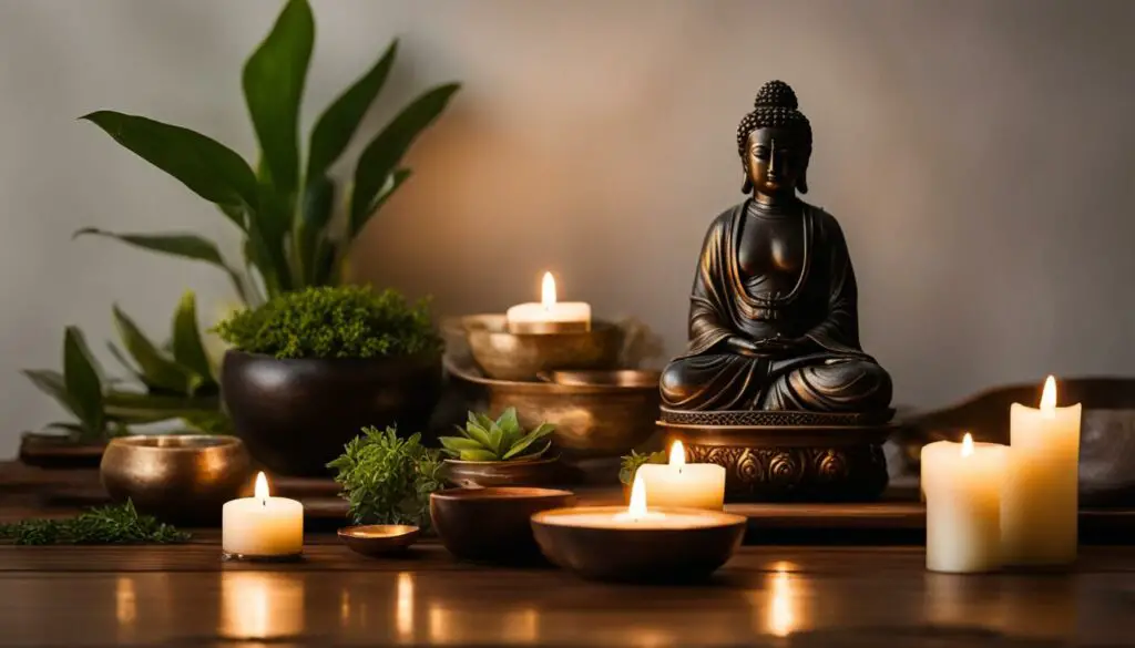 Buddha statue surrounded by lit candles, plants, and bowls, creating a serene, spiritual ambiance.