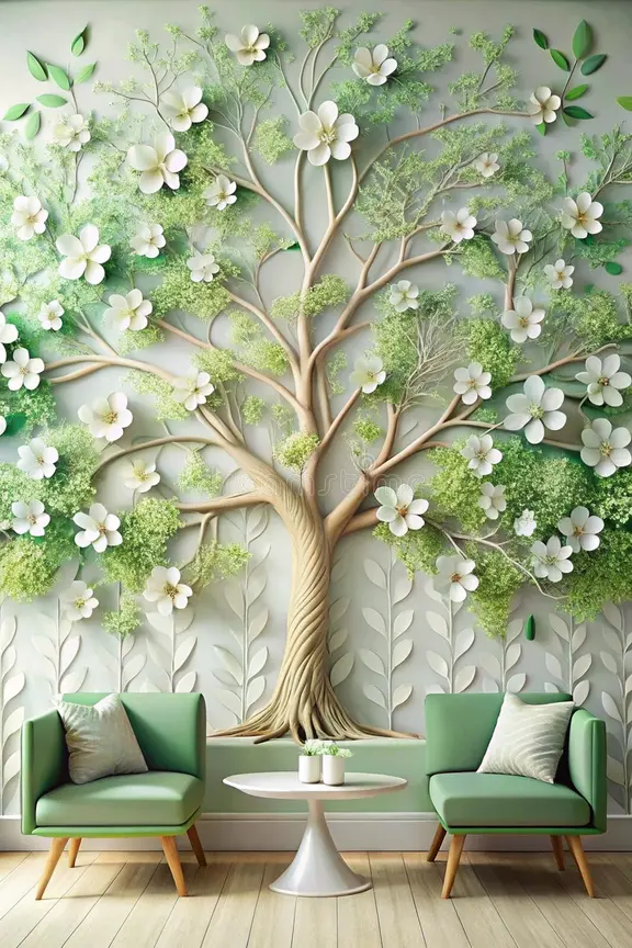 Decorative wall representing a large tree with a twisted trunk, green leaves, and white flowers, with a seating area of two green chairs and a white table in front.