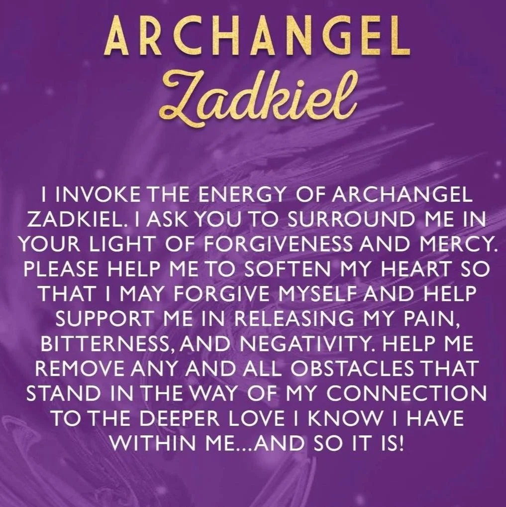 Quotes about invoking Archangel Zadkiel's energy for forgiveness, mercy, healing emotional pain, and removing obstacles to love, on a purple background with spiritual imagery.