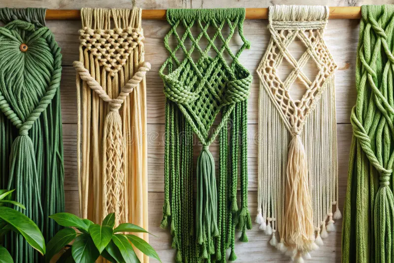 Several macrame wall hangings in shades of green, beige, and cream hanging on a wooden wall with leafy plant in the foreground.