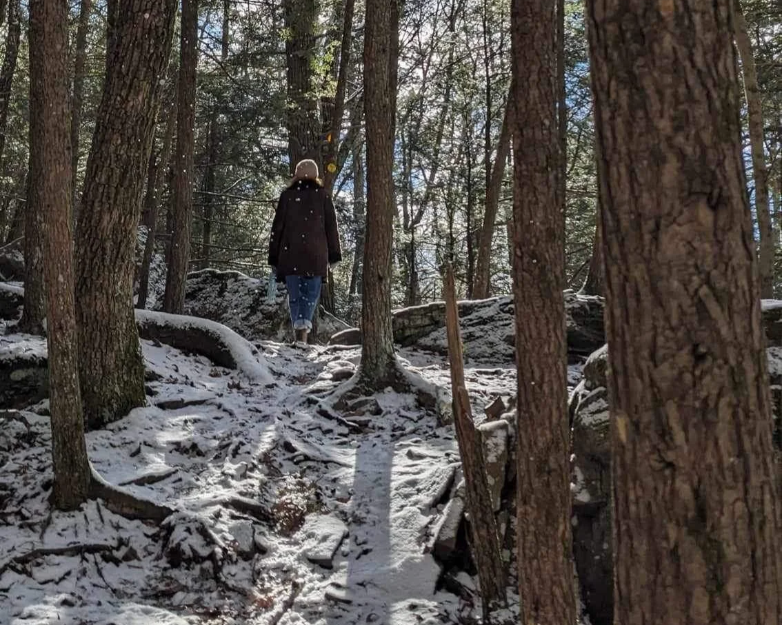 image of Gabrielle Rabinowitz walking through the snowy woods of Upstate New York