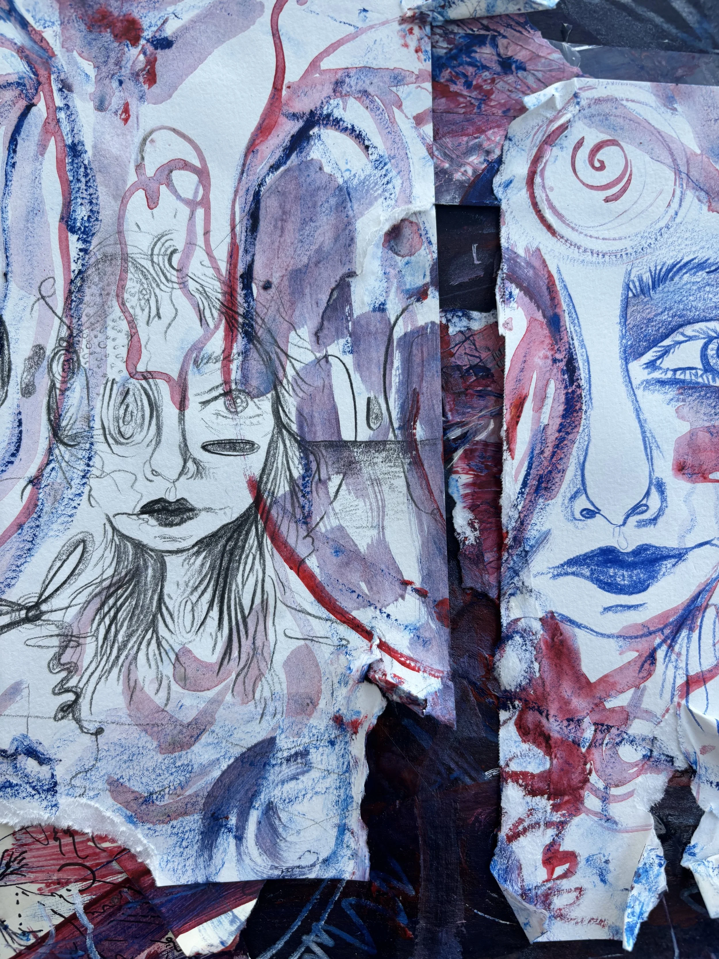 close-up image of an artwork by Nicole Javorsky titled "her blood is purple, mine is red" showing overlapping faces and tree shapes
