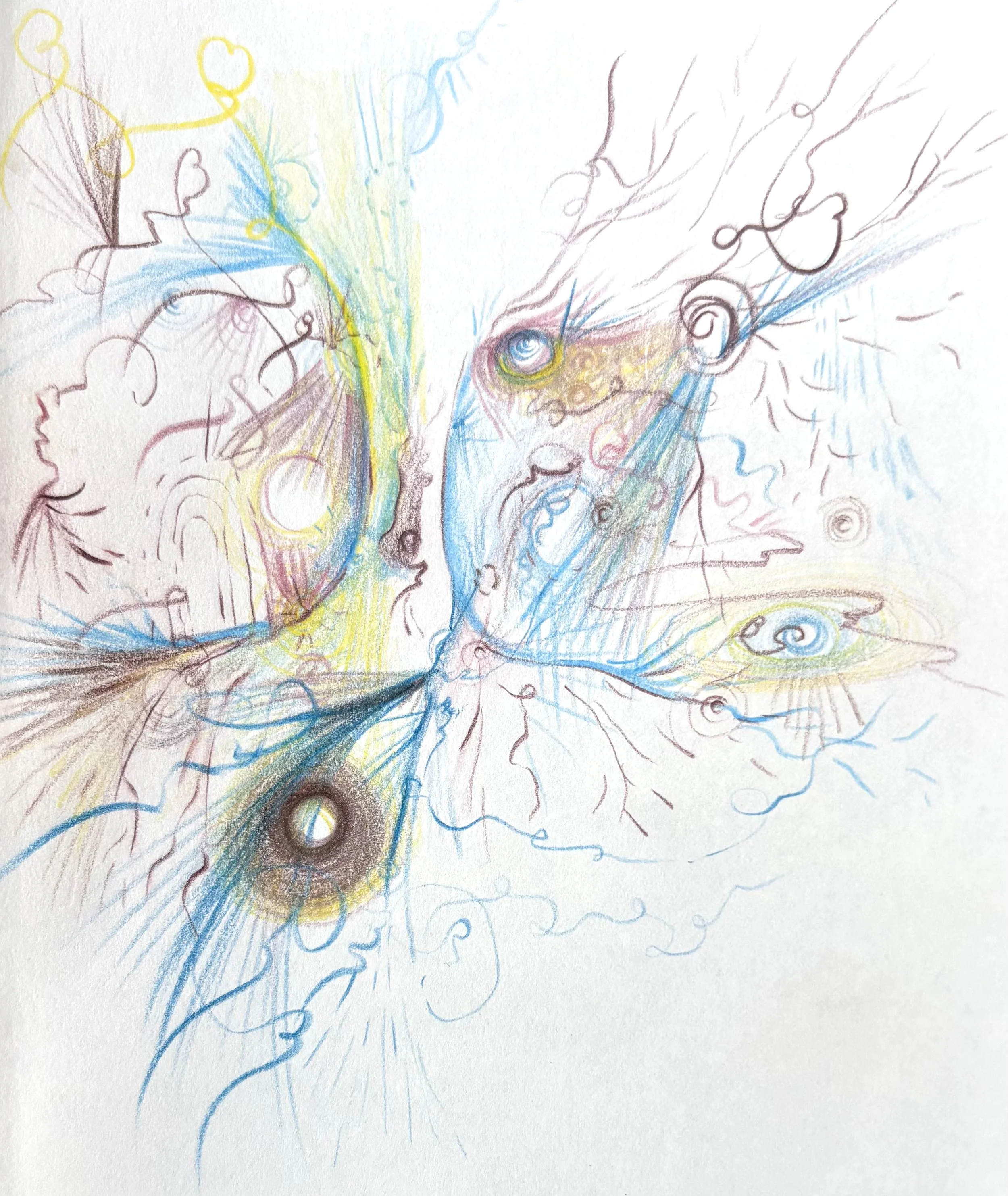 Semi-abstract colored pencil drawing of a vibrant tree with winding branches and deep roots by Nicole Sylvia Javorsky
