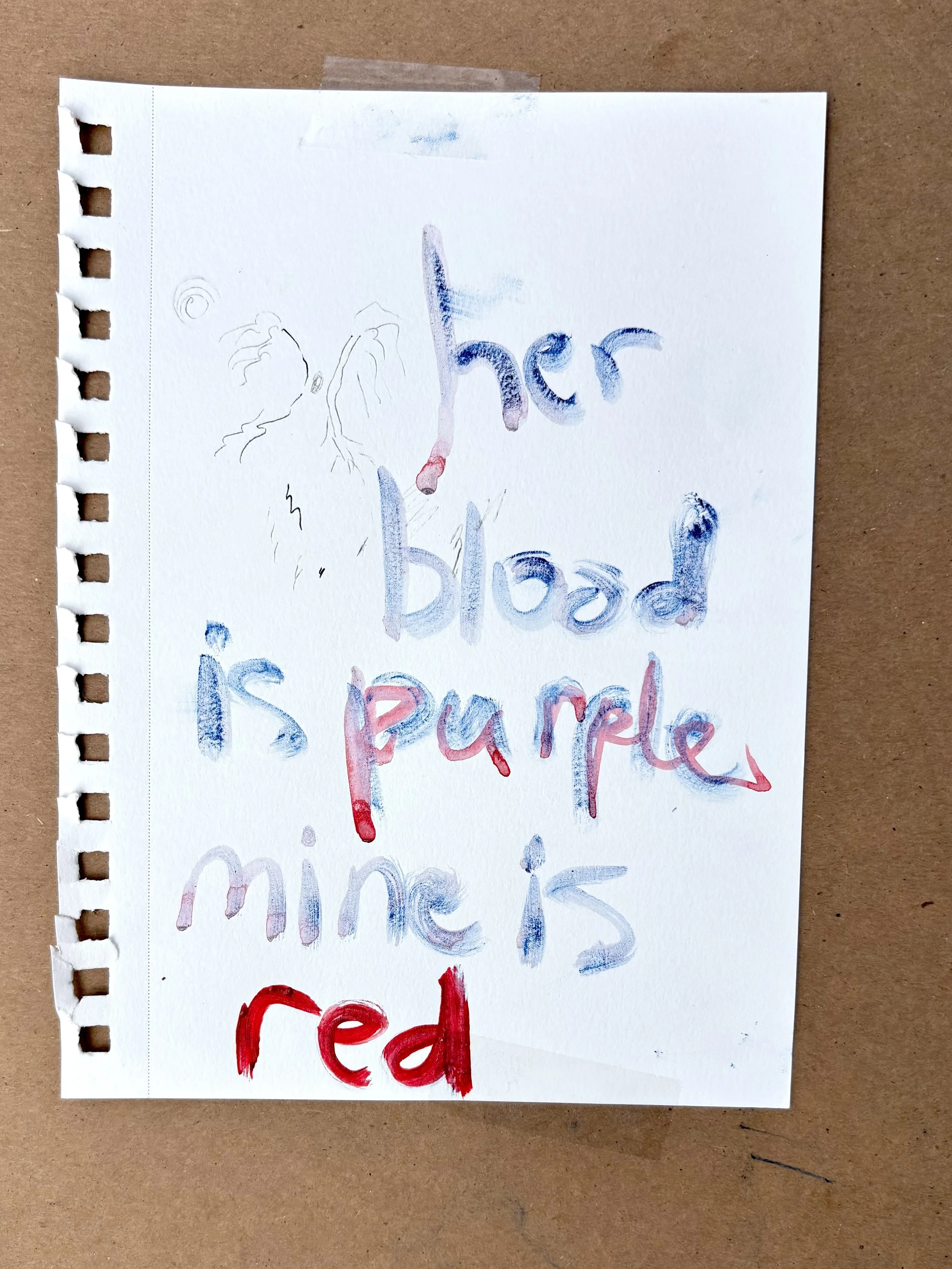 the back of an artwork by Nicole Javorsky with the words her blood is purple, mine is red