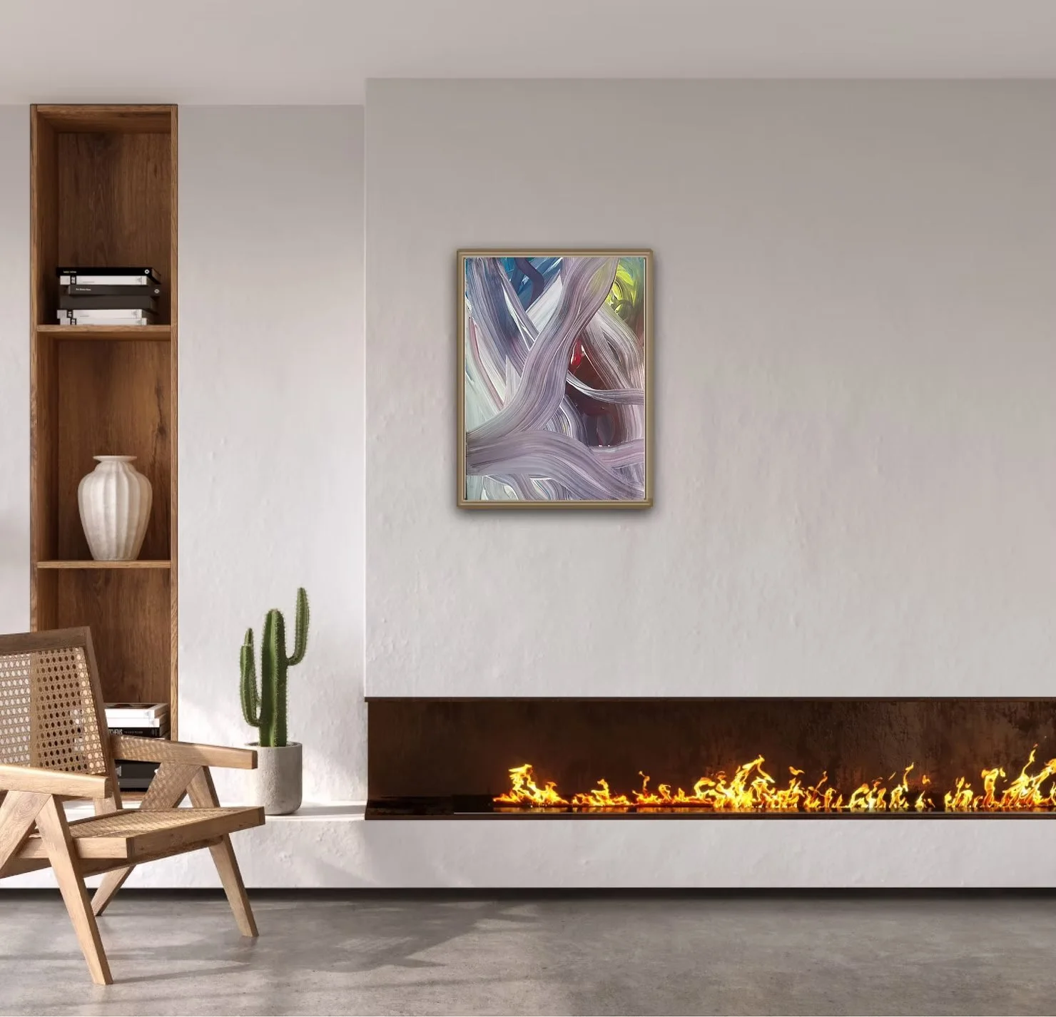 painting by Nicole Javorsky shown above a fireplace in a living room