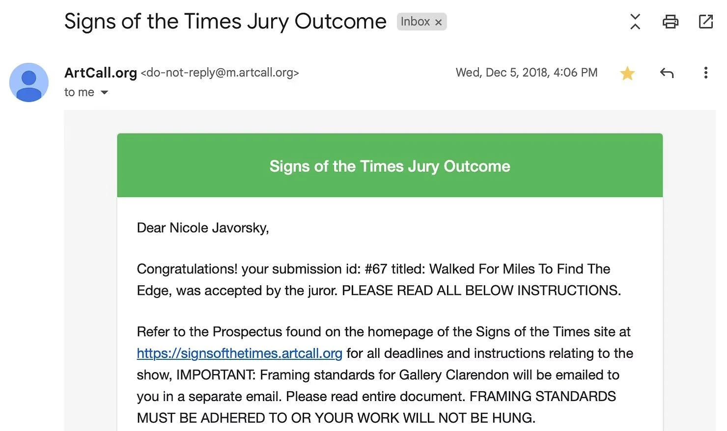 acceptance email to juried group art show