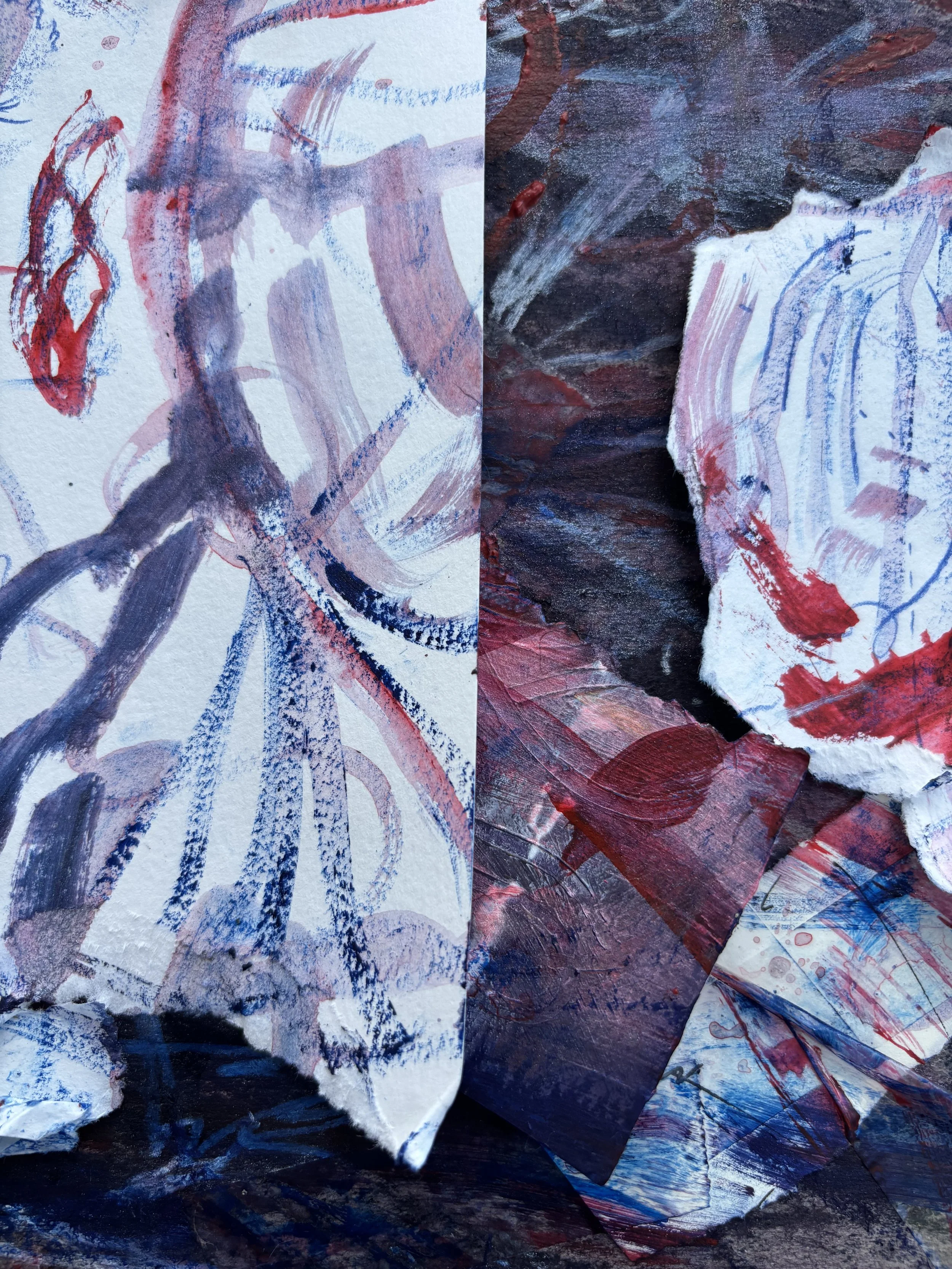 close-up showing texture of an artwork by Nicole Javorsky titled "her blood is purple, mine is red" showing semi-abstract tree shapes