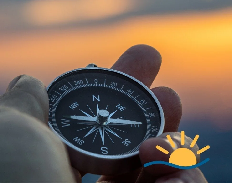 Person holding a compass with a cloudy sunset sky in the background, with a sun and wave icon overlay.