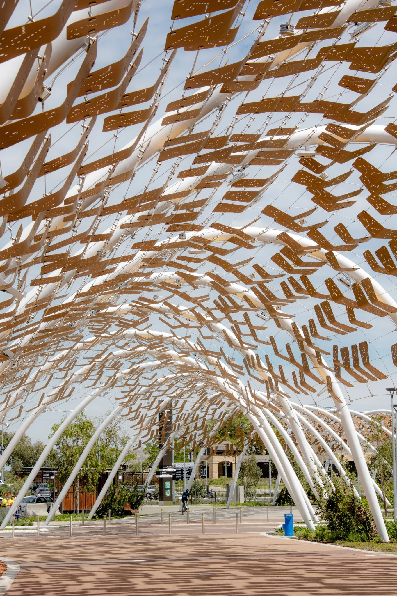 Bespoke Wire & Rope staff contributed to the Perth Stadium Arbour Walkway installation, a large-scale tensile cable project featuring 3,000 artwork tiles that tell Aboriginal stories through their unique placement.