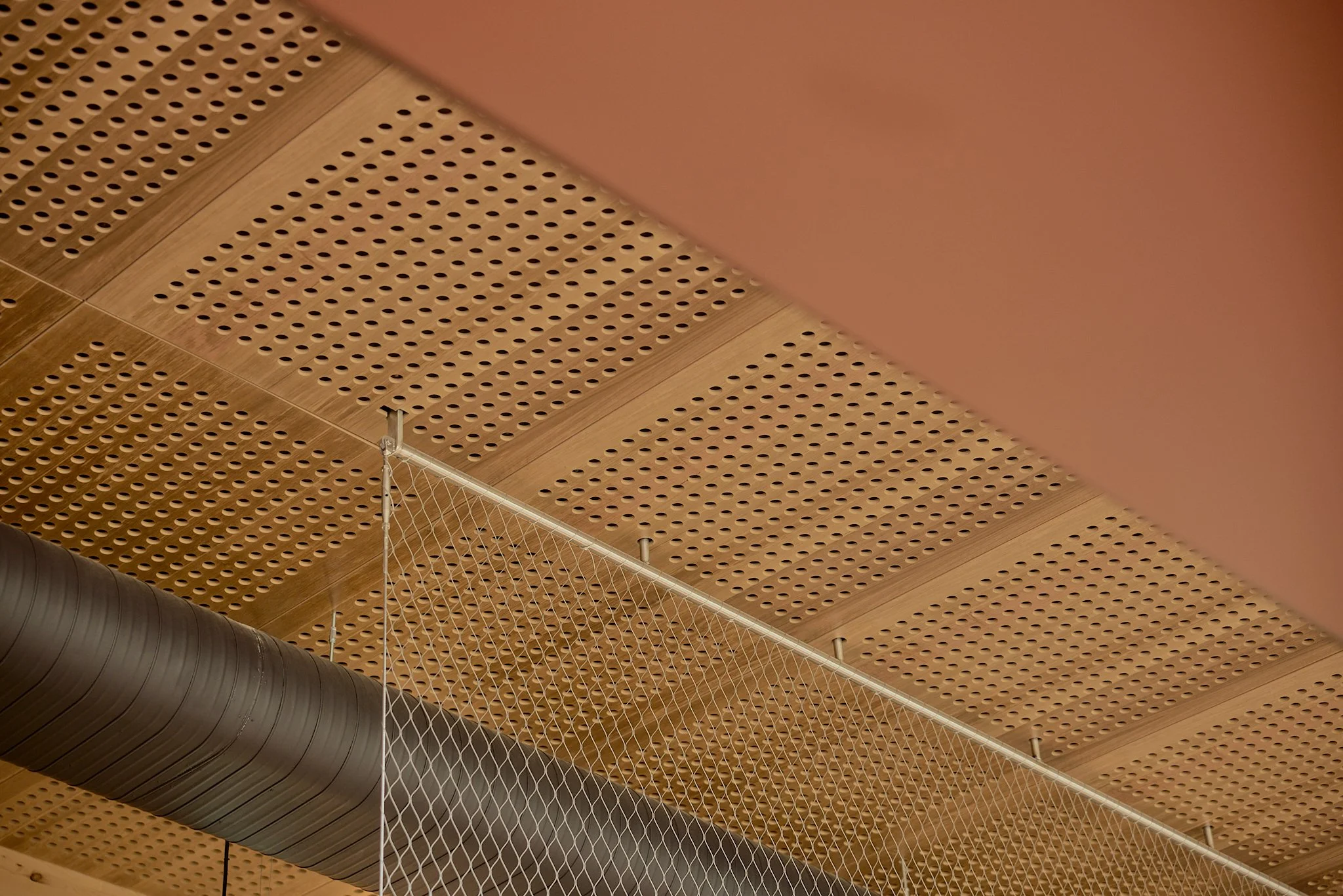 Floor-to-ceiling Flexi-mesh balustrades installed by Bespoke Wire & Rope at Xavier College Kostka Building in Kew VIC with Ireland Brown Construction, MGS Architects, and Forged Steelworks.