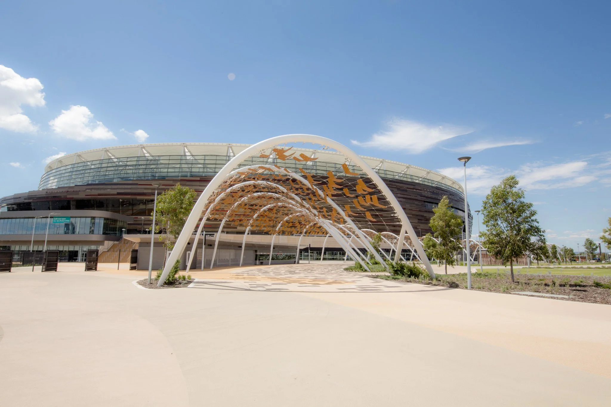 Bespoke Wire & Rope staff contributed to the Perth Stadium Arbour Walkway installation, a large-scale tensile cable project featuring 3,000 artwork tiles that tell Aboriginal stories through their unique placement.