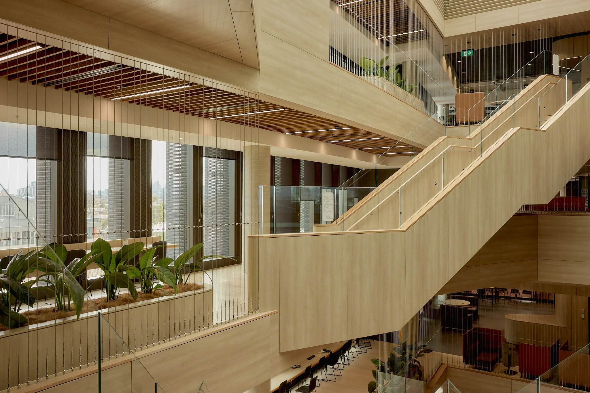 Vertical cable balustrades installed by Bespoke Wire & Rope at Caulfield Grammar Science Building St Kilda East VIC with ADCO, DesignInc, and 3XN Architects.