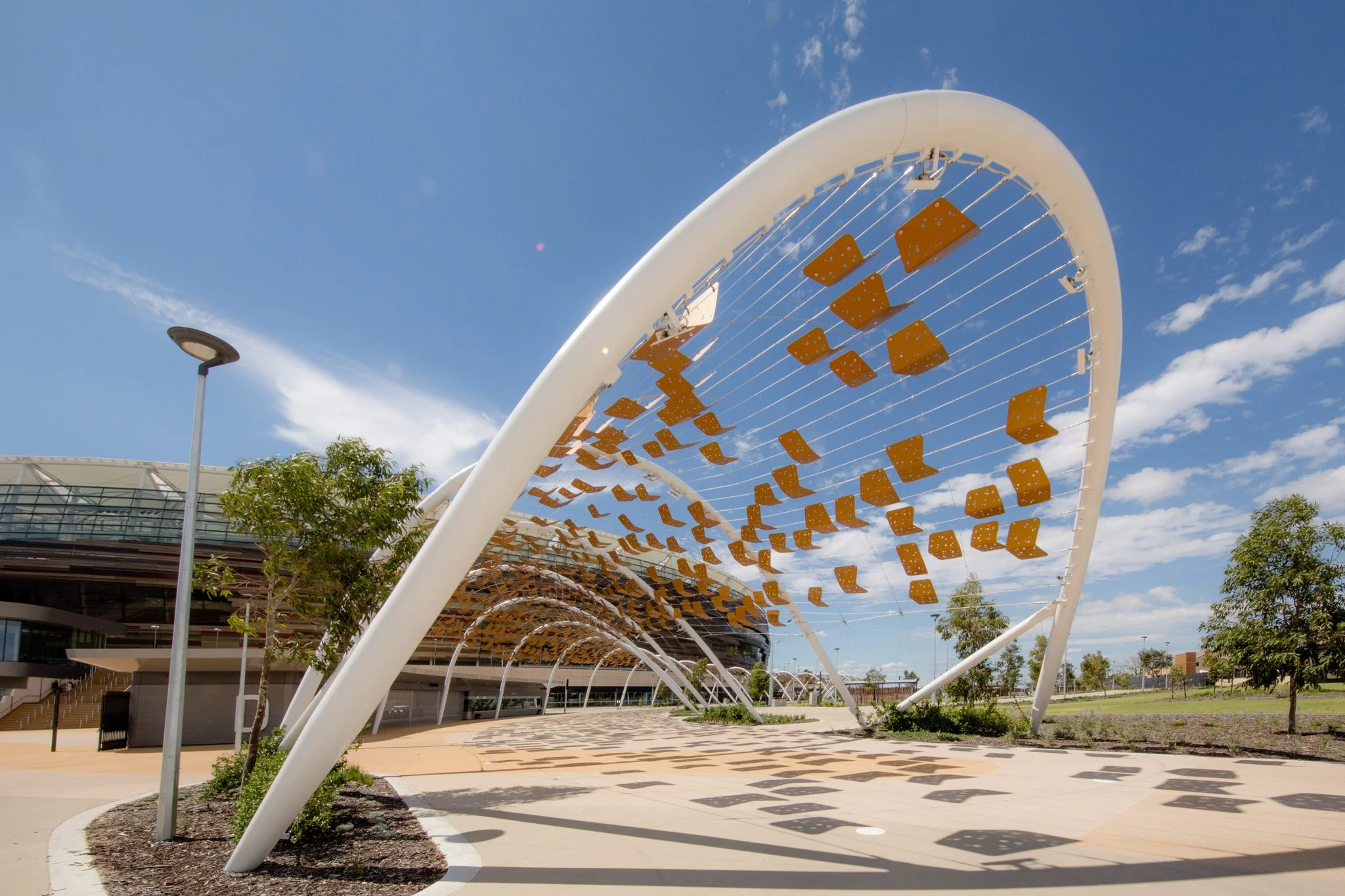 Bespoke Wire & Rope staff contributed to the Perth Stadium Arbour Walkway installation, a large-scale tensile cable project featuring 3,000 artwork tiles that tell Aboriginal stories through their unique placement.