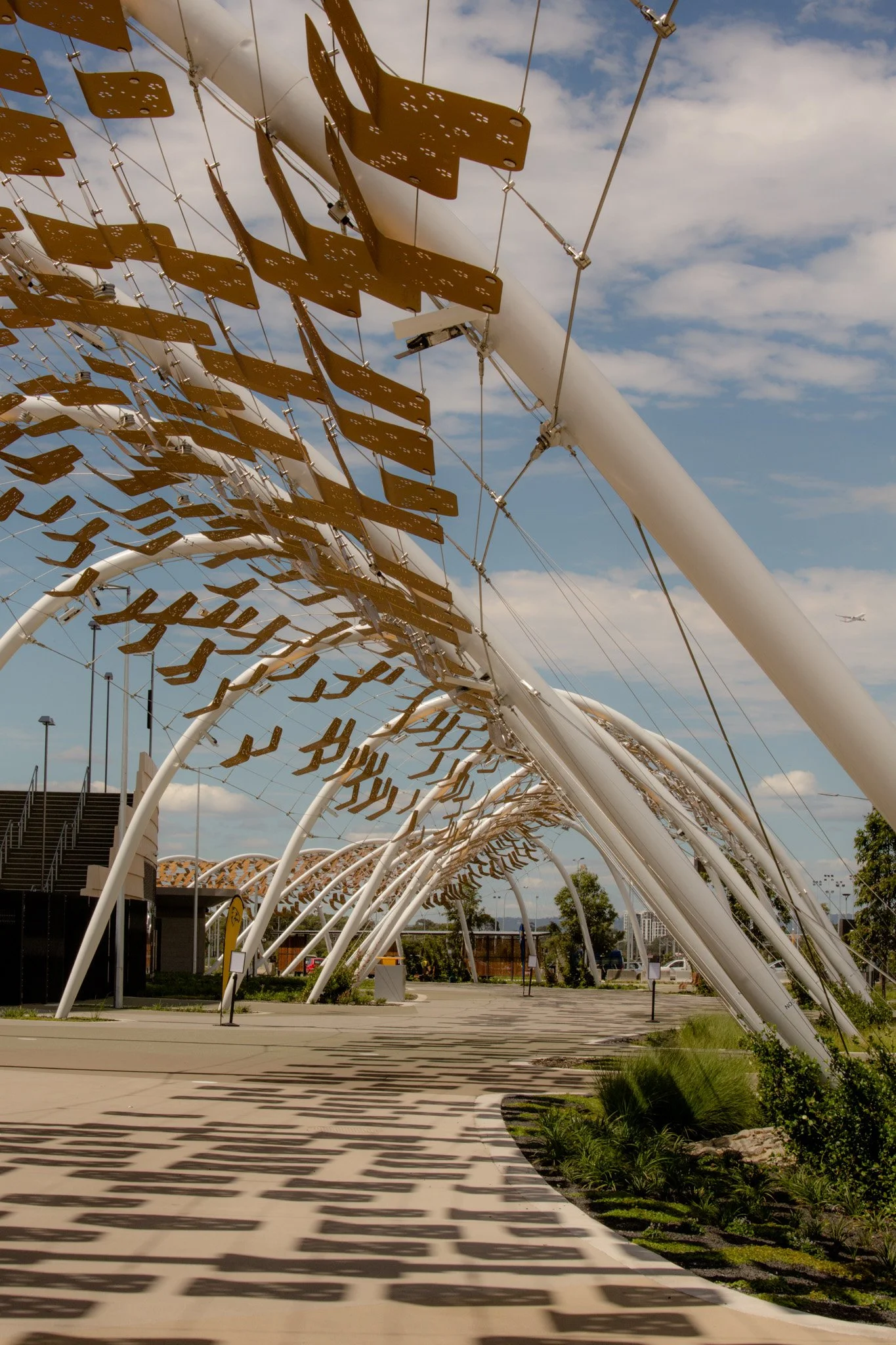 Bespoke Wire & Rope staff contributed to the Perth Stadium Arbour Walkway installation, a large-scale tensile cable project featuring 3,000 artwork tiles that tell Aboriginal stories through their unique placement.