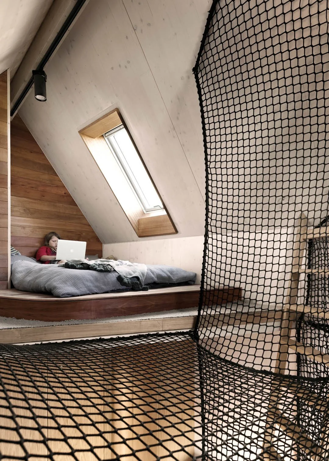 Custom trafficable nets installed in Coburg VIC passive house by Bespoke Wire & Rope with Melbourne Design Studio.