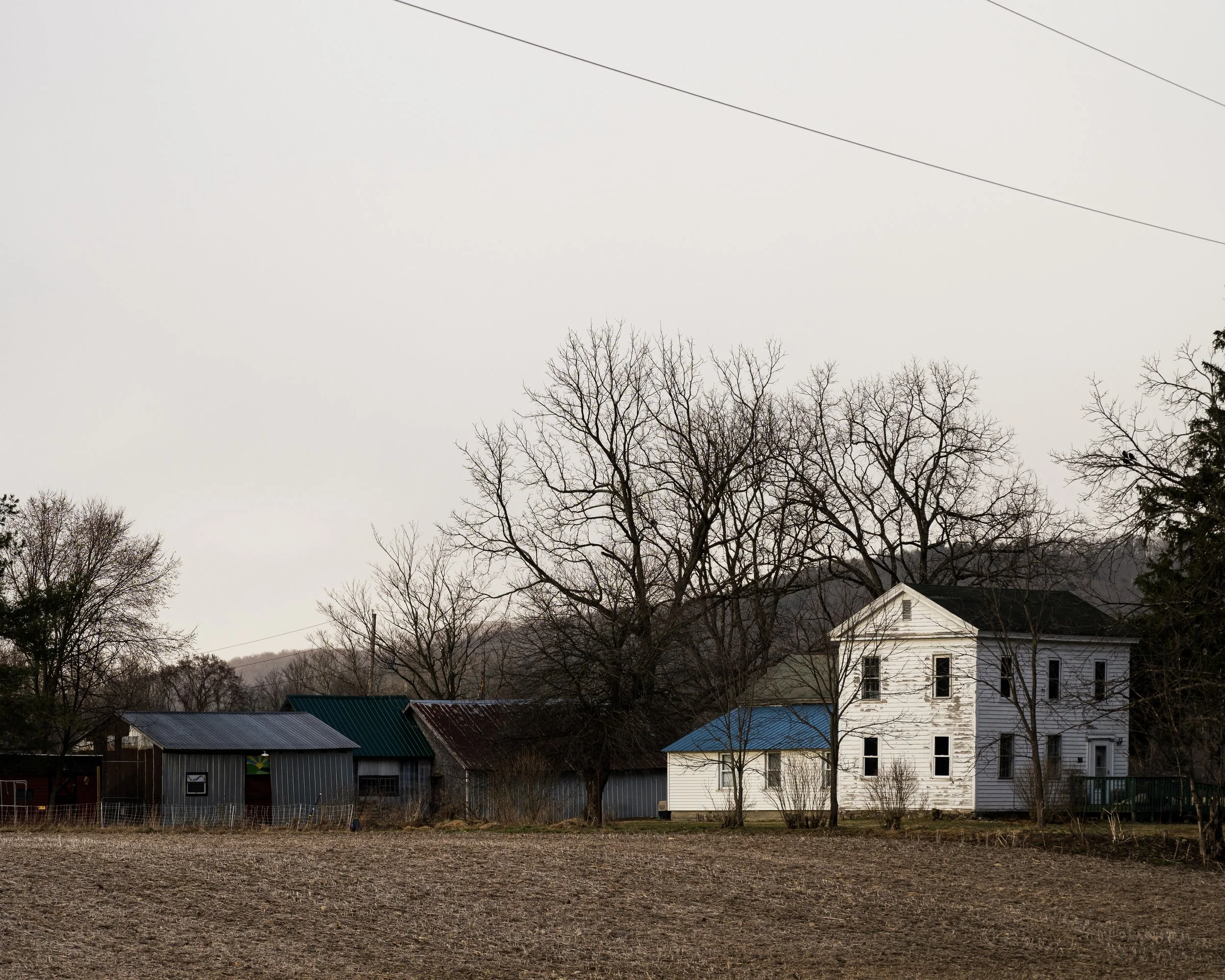 A rural scene with a large white house, trees, and several small sheds or barns in the background, set against a cloudy sky. Tioga County, NY. Documentary and Art Photographer Kyle Mark Peterson.