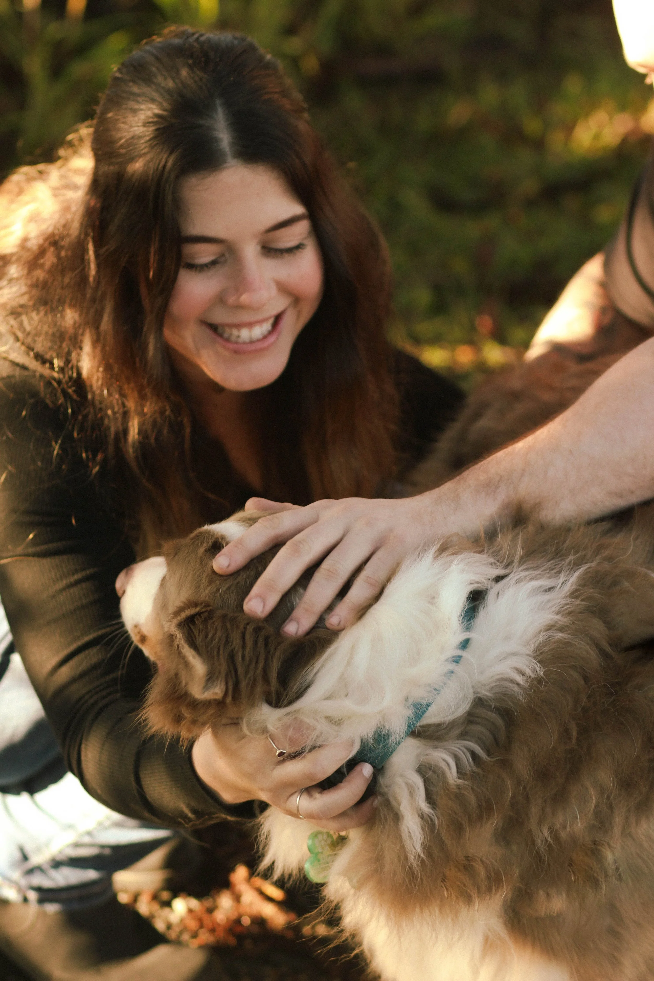 Woman with long brown hair smiling while petting a large, fluffy Australian Shepherd dog outdoors.